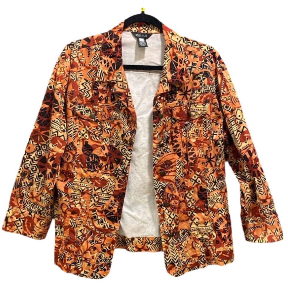 Multiples Orange Beaded Light Buttoned Jacket Size Medium Abstract Country